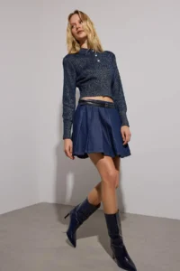 TRENDYOLMiLLA Dark Blue pleated Belt Detailed Denim Skirt