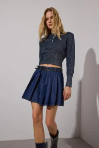 TRENDYOLMiLLA Dark Blue pleated Belt Detailed Denim Skirt - Image 2