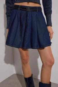 TRENDYOLMiLLA Dark Blue pleated Belt Detailed Denim Skirt - Image 3