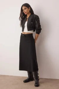 TRENDYOLMİLLA Black Belt Detailed skater Maxi Flexible Knitting Skirt - Image 2