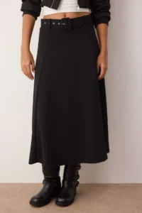 TRENDYOLMİLLA Black Belt Detailed skater Maxi Flexible Knitting Skirt - Image 3