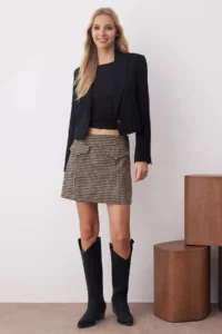 TRENDYOLMiLLA Brown Crowbar Patterned Wool Content Winter Bowl Mini Skirt - Image 5