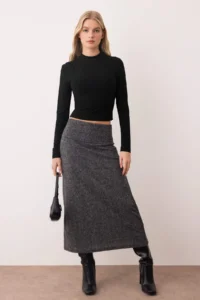 TRENDYOLMİLLA Anthracite Melanj A Line/Life Kesim Beli folded Knitting Skirt