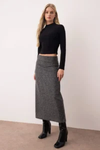 TRENDYOLMİLLA Anthracite Melanj A Line/Life Kesim Beli folded Knitting Skirt - Image 2