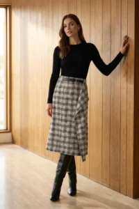 TRENDYOLMİLLA Special Collection Black Checkered Midi Skirt with Belt Detail