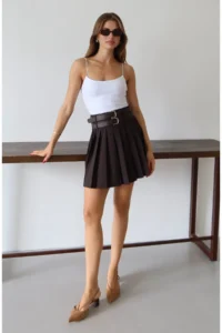 TRENDYOLMiLLA Brown Double Arched pleated Mini Weaving Skirt