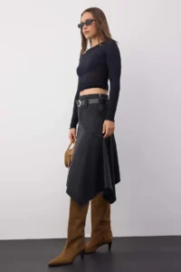 TRENDYOLMiLLA Wardrobe Essentials Black Arched Asymmetric Midi denim Skirt - Image 2