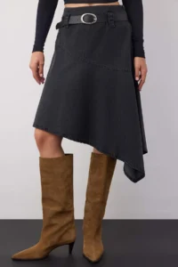TRENDYOLMiLLA Wardrobe Essentials Black Arched Asymmetric Midi denim Skirt - Image 3