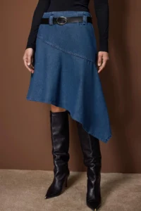 TRENDYOLMiLLA Wardrobe Essentials Blue Arched Asymmetric Midi denim Skirt - Image 3