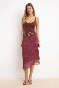 TRENDYOLMİLLA Burgundy Frilly Abstract Patterned Knitting Skirt - Image 2