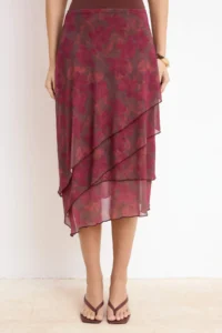 TRENDYOLMİLLA Burgundy Frilly Abstract Patterned Knitting Skirt - Image 3