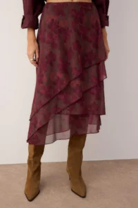 TRENDYOLMİLLA Burgundy Frilly Abstract Patterned Knitting Skirt - Image 5