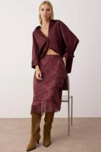 TRENDYOLMİLLA Burgundy Frilly Abstract Patterned Knitting Skirt - Image 7