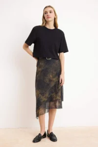 TRENDYOLMİLLA Khaki Frilly Abstract Patterned Knitting Skirt