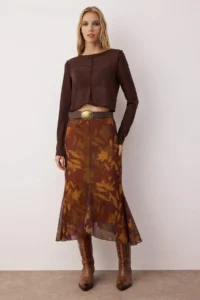 TRENDYOLMİLLA Multicolored Printed bodycon Tulle Flexible Knitting Skirt