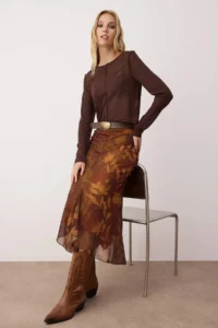 TRENDYOLMİLLA Multicolored Printed bodycon Tulle Flexible Knitting Skirt - Image 2