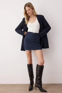TRENDYOLMİLLA Dark Navy Striped Belt Detailed A-line Knitting Mini Skirt