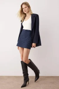 TRENDYOLMİLLA Dark Navy Striped Belt Detailed A-line Knitting Mini Skirt - Image 2