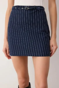 TRENDYOLMİLLA Dark Navy Striped Belt Detailed A-line Knitting Mini Skirt - Image 3
