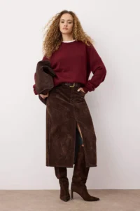 TRENDYOLMiLLA Brown Suede Look Flock Printed Midi Denim Skirt - Image 2