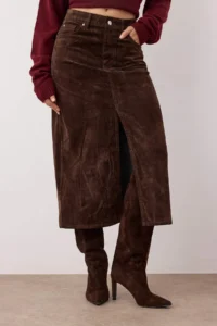 TRENDYOLMiLLA Brown Suede Look Flock Printed Midi Denim Skirt - Image 3