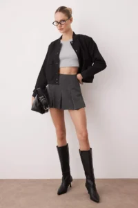 TRENDYOLMİLLA Anthracite with flywheel Mini Knitting Shorts Skirt - Image 2