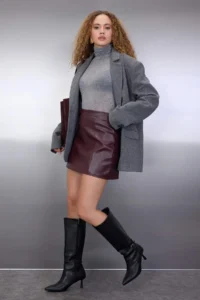 TRENDYOLMİLLA Burgundy Faux Leather Mini Knitting Skirt - Image 2