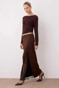 TRENDYOLMİLLA Brown Knitwear Lace Slit Detailed Maxi Skirt