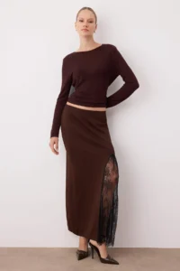 TRENDYOLMİLLA Brown Knitwear Lace Slit Detailed Maxi Skirt - Image 2