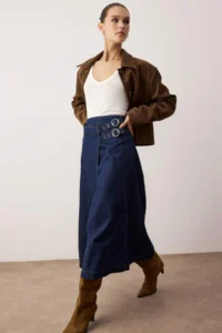 TRENDYOLMiLLA Dark Blue Belt Detailed Double breasted Midi denim Skirt