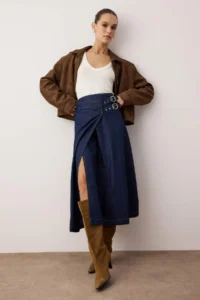 TRENDYOLMiLLA Dark Blue Belt Detailed Double breasted Midi denim Skirt - Image 2