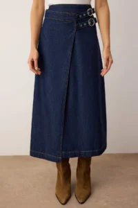 TRENDYOLMiLLA Dark Blue Belt Detailed Double breasted Midi denim Skirt - Image 3