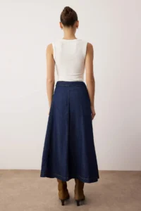 TRENDYOLMiLLA Dark Blue Belt Detailed Double breasted Midi denim Skirt - Image 4