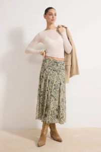 TRENDYOLMİLLA Khaki Maxi Ruffle/Drape Detailed Boho/Boho Chic Printed Tulle Flexible Knitting Skirt
