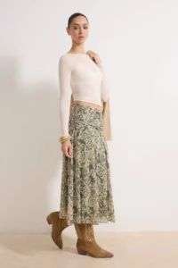 TRENDYOLMİLLA Khaki Maxi Ruffle/Drape Detailed Boho/Boho Chic Printed Tulle Flexible Knitting Skirt - Image 2