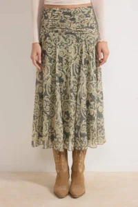 TRENDYOLMİLLA Khaki Maxi Ruffle/Drape Detailed Boho/Boho Chic Printed Tulle Flexible Knitting Skirt - Image 3