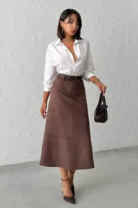 TRENDYOLMİLLA Dark Brown A Line Midi Knitting Suede Skirt
