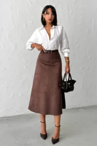TRENDYOLMİLLA Dark Brown A Line Midi Knitting Suede Skirt - Image 2