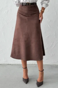 TRENDYOLMİLLA Dark Brown A Line Midi Knitting Suede Skirt - Image 3