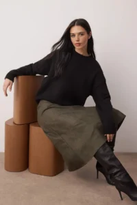 TRENDYOLMiLLA Khaki A Line Midi Knitting Suede Skirt