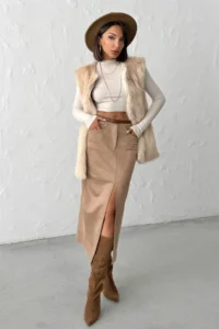 TRENDYOLMİLLA Mink Front Slit Suede Midi Knitting Pencil Skirt - Image 2