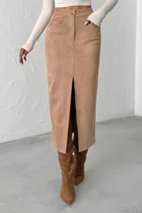 TRENDYOLMİLLA Mink Front Slit Suede Midi Knitting Pencil Skirt - Image 3