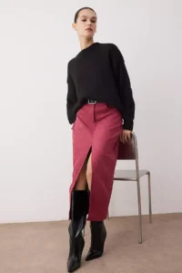 TRENDYOLMiLLA Burgundy Front Slit Suede Midi Knitting Pencil Skirt - Image 2