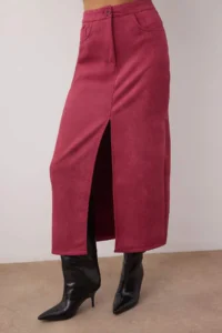 TRENDYOLMiLLA Burgundy Front Slit Suede Midi Knitting Pencil Skirt - Image 3