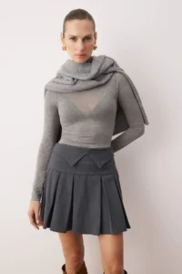 TRENDYOLMiLLA  Special Collection Navy Blue Checkered Waist Detailed pleated Short Skirt
