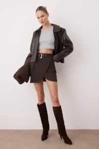 TRENDYOLMiLLA Brown Arched Striped Weaving Mini Skirt - Image 2