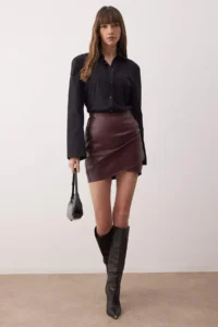 TRENDYOLMİLLA Fleece Faux Leather Draped High Waist Fitted Knitting Skirt