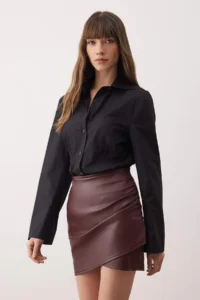 TRENDYOLMİLLA Fleece Faux Leather Draped High Waist Fitted Knitting Skirt - Image 2