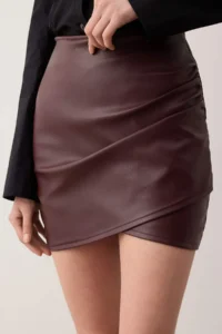 TRENDYOLMİLLA Fleece Faux Leather Draped High Waist Fitted Knitting Skirt - Image 3