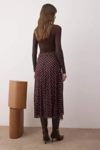 TRENDYOLMiLLA Brown Polka Dot Lined Siphon pleated Midi Skirt - Image 3